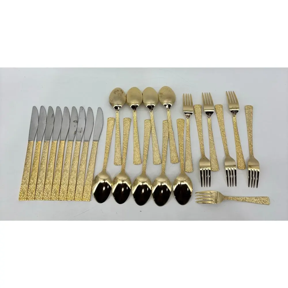 Vtg Hollywood Regency Dinner Spoons Fork Gold Stainless Steel 25 Pieces Japan